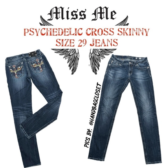 Miss Me JP5727S5 Psychedelic Wing Cross Pocket Skinny Blue Jeans Size 29 - Picture 2 of 13